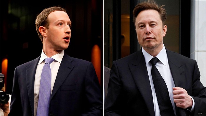 Chủ sở hữu Meta Mark Zuckerberg (bên trái) và chủ sở hữu Twitter Elon Musk